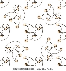 Woman face Continuous line seamless pattern. Abstract Female portrait with Butterfly. Drawing vector Wallpaper, fabric, wrapping paper, card, poster