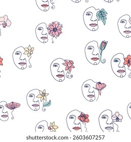 Woman face Continuous line seamless pattern. Abstract Female portrait with flowers. Drawing vector Wallpaper, fabric, wrapping paper, card, poster