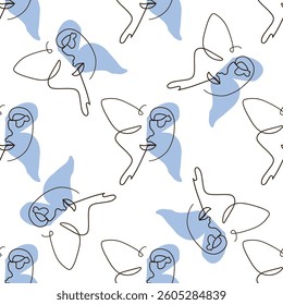 Woman face Continuous line seamless pattern. Abstract Female portrait with Butterfly. Drawing vector Wallpaper, fabric, wrapping paper, card, poster
