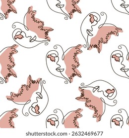 Woman face Continuous line seamless pattern. Abstract Female portrait with Butterfly. Drawing vector Wallpaper, fabric, wrapping paper, card, poster