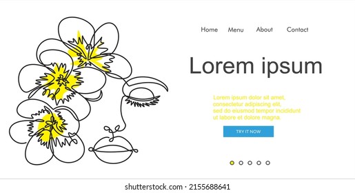 Woman face continuous one line vector drawing. Can used for logo, emblem, slide show and banner. Illustration with quote template. 