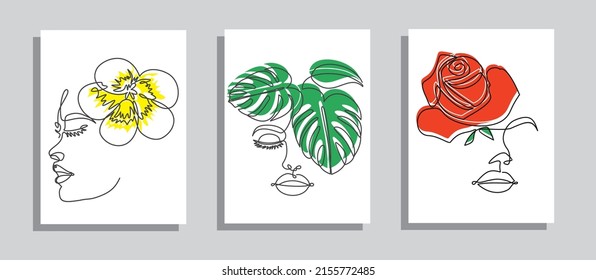 Las mujeres se enfrentan a un contínuo dibujo vectorial de una línea. Plantillas de estilo con la cara femenina abstracta y flores. Moderno estilo minimalista simple lineal. Diseño de moda de belleza