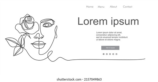 Woman face continuous one line vector drawing. Style templates with abstract female face and rose. Can used for logo, emblem, slide show and banner. Illustration with quote template. 