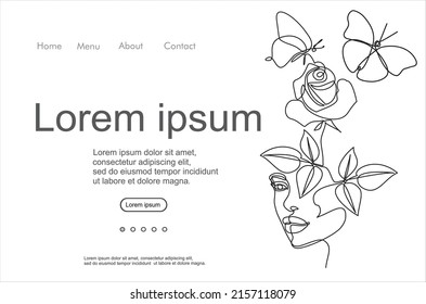Las mujeres se enfrentan a un contínuo dibujo vectorial de una línea. Plantillas de estilo con rostro femenino abstracto, rosa y mariposas. Se puede usar para logotipo, emblema, presentación de diapositivas y banner. Ilustración con plantilla de presupuesto. 