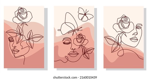 Las mujeres se enfrentan a un contínuo dibujo vectorial de una línea. Plantillas de estilo con la cara femenina abstracta y rosa. Moderno estilo minimalista simple lineal. Diseño de moda de belleza