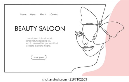 Woman face continuous one line vector drawing. Style templates with abstract female face and butterflies. Can used for logo, emblem, slide show and banner. Illustration with quote template