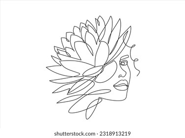 Woman face continuous one line vector drawing. Style templates with abstract female face and lotus. Modern minimalist simple linear style. Beauty fashion design