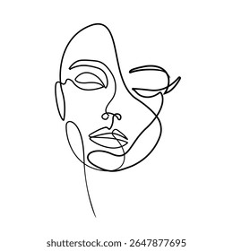 Woman Face Continuous One Line Drawing. Abstract Female Head Creative Contemporary Line Art Drawing. Beauty Female Portrait, Elegant Vector Minimalist Art for Fashion Design, Wall Art, Print. Not AI