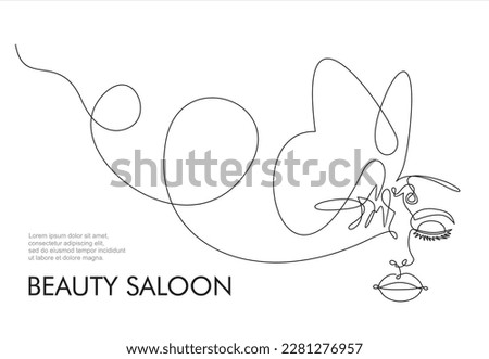 Woman face continuous one line vector drawing. Style templates with abstract female face and butterfly. Beauty saloon.Can used for logo, emblem, slide show and banner. Illustration with quote template