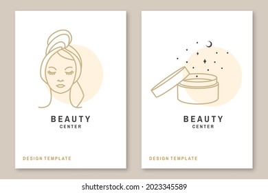 Woman face and cosmetic cream for logo, label, badge, emblem. Pretty lady wrap towel Beauty center sign for cosmetics, jewellery, beauty and handmade products, tattoo studios. Linear style. Vector