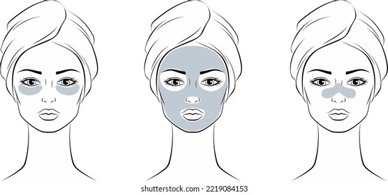 Woman with a face cosmetic mask. Skin care. Female portrait in a towel on her head. Women sketch. Template for beauty industry. Vector illustration. 