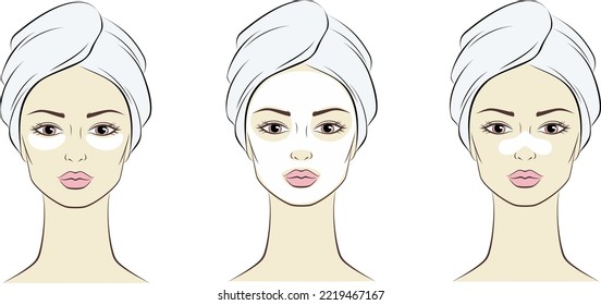 Mujer con máscara cosmética facial. Cuidado de la piel. Retrato femenino en una toalla en la cabeza. Ilustración vectorial.