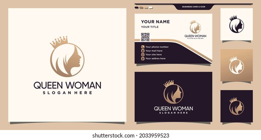 Woman Face And Crown Logo With Unique Concept And Business Card Design Premium Vector