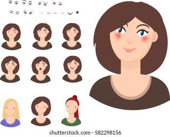 Woman face in different emotions, vector constructions, housewifes,Facial expression. Girl Avatar. Vector illustration of a flat design, Cartoon eyes and mouth


