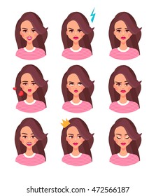 Woman face with different emotions.Avatar vector illustration
