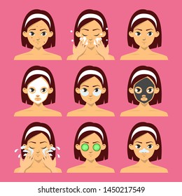 Woman face with different type of facial mask set. Cucumber mask, moisturizing procedure. Skin hygiene, vector illustration. Clay and sheet mask for beauty.