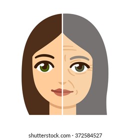 Woman face divided in half, young and old with wrinkles. Vector illustration.