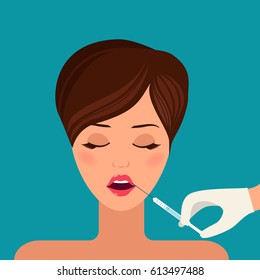 Woman face, doctor hand ready to press syringe, injection in lips. Medicine concept. Vector illustration in flat design.