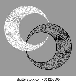 woman face in double couple moon, abstract line art twin zentangle, hand drawn, vector illustration design, yin yang style