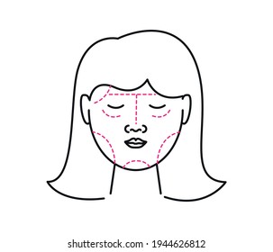 Woman face with the effect of stretching and lifting facial, facial surgery arrows. plastic surgery, aesthetics concept. Isolated in white background. Skin care.