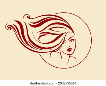 Woman face with elegant makeup.Beautiful portrait.Beauty, hair salon, spa illustration.Young lady head.Long, wavy hairstyle.Cute female.Smiling girl isolated on light background.Red color.