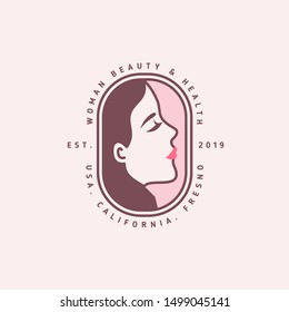 Woman face emblem, logo design with text template. Vector illustration. Girl profile silhouette for natural cosmetics, beauty, health and spa. Creative female icon with pink lips.