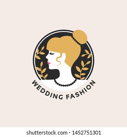 Woman face emblem, wedding salon logo design. Vector illustration. Lady blonde profile silhouette for cosmetics, beauty, style and spa. Creative female floral icon with leaves.