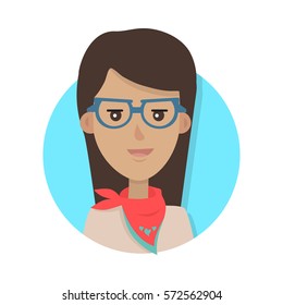 Woman face emotive icon. Smiling cute brown-haired female character in glasses flat vector isolated on white. Happy human psychological portrait. Positive emotions user avatar. For app, web design