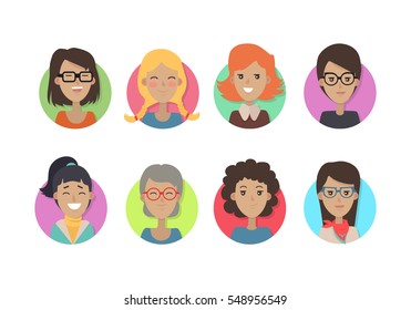 Woman face emotive icons. Smiling cute female characters of all ages flat vector illustrations isolated on white. Happy girl, lady, granny psychological portraits. Positive emotions user avatars