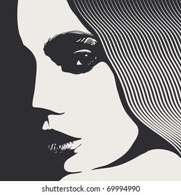 Woman face, engraved style, vector illustration