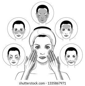 Cara de mujer con parche en el ojo y cara de máscara. Retrato de mujer de belleza con parches de ojos. La mujer enfrenta la máscara. Parches de gel para el área ocular. Cosmetología, belleza, salud. Ilustración vectorial.