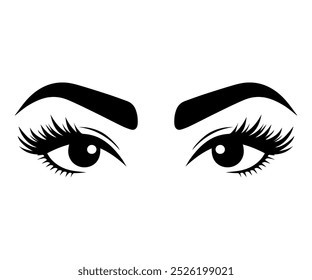 Cara de mulher. Extensões de cílios, tatuagem de sobrancelha. Ilustração em preto e branco dos olhos e sobrancelhas das mulheres. Lindos olhos de mulher. Indústria da beleza. Salão de Beleza.