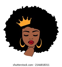 La mujer enfrenta pestañas y corona. Mujer afroamericana. Ilustración vectorial.  Aislado sobre fondo blanco. Bueno para carteles, camisetas, postales.