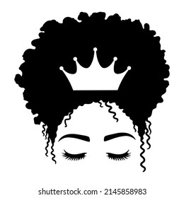 Woman face with eyelashes and crown. Afro Women. African American Woman. Vector illustration.  Isolated on white background. Good for posters, t shirts, postcards.