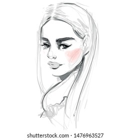 Woman face fashion illustration. Hand drawn black and white art sketch.