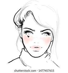 Woman face fashion illustration. Hand drawn black and white art sketch.