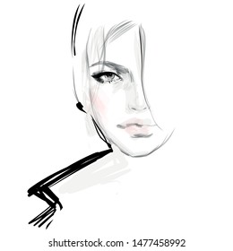 Woman face fashion illustration. Hand drawn black and white art sketch.