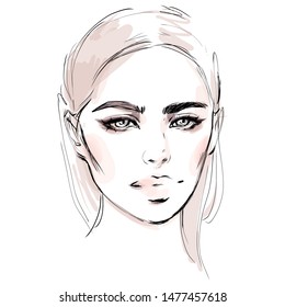 Woman face fashion sketch. Hand drawn illustration.