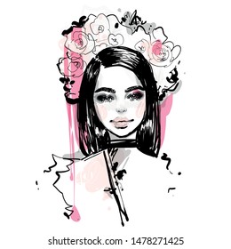 Woman face fashion sketch. Hand drawn illustration.