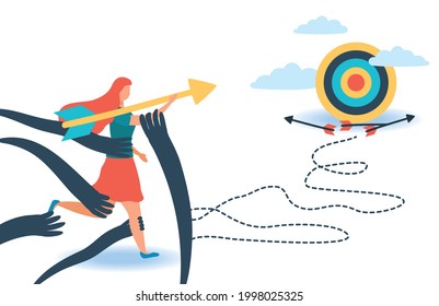 A woman in the face of fears. Fear does not allow you to move forward towards the goal. Fears and limitations in the head, in thoughts, in the brain. The concept of psychology and complexes. Flat