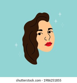 Woman face. Female head, brown hair, social media user avatars, fashion beautiful model, modern simple square poster green background pretty girl contemporary holiday card vector isolated illustration