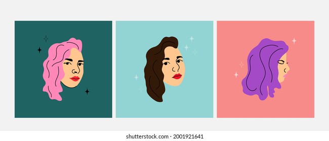 Woman Face. Female Heads Different Angles View, Various Hair Colors Pink Purple And Brunette, Social Media User Avatars, Fashion Beautiful Models, Modern Simple Posters Vector Isolated Set