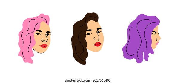 Woman Face. Female Heads Different Angles View, Various Hair Colors Pink Purple And Brunette, Social Media User Avatars, Fashion Beautiful Models, Modern Simple Design Elements Vector Isolated Set