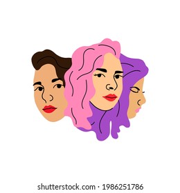 Woman face. Female heads together, various hair colors pink purple and brunette, social media user avatars, feminism and equality banner, modern simple poster, vector isolated set