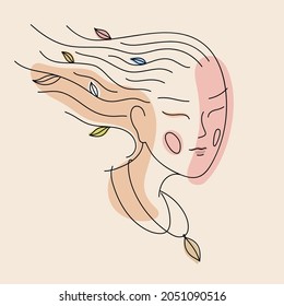 Woman face feminine line art portrait. Young girl with colourful leaves in her hair and on necklace. Beautiful girl profile with eyes closed, vector illustration.