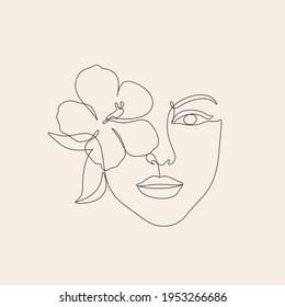 Woman face with flower. Continuous line drawing. Elegant style for prints, tattoos, posters, textile, cards etc. Beauty salon logo icon