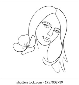 Woman face with flower. Continuous line drawing. Editable line
