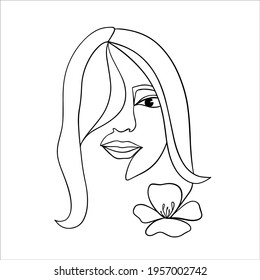 Woman face with flower. Continuous line drawing. Editable line