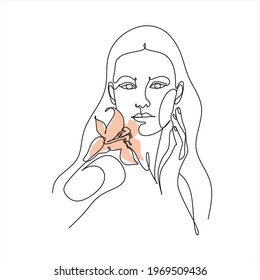 Woman face with flower. Continuous line drawing. Natural Cosmetics