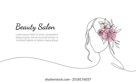 Woman face with flower continuous one line vector drawing. Girl portrait minimal linear beauty concept. Outline fashion spa make up symbol. Vector art.
